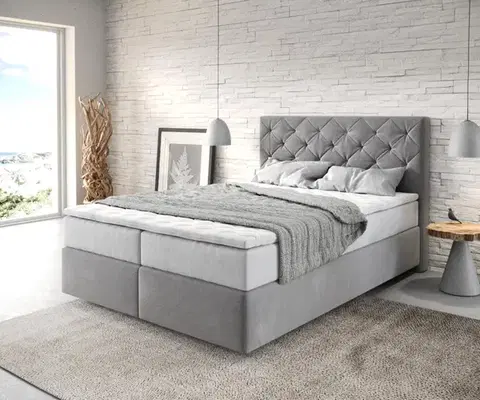 Postele Boxspring DELIFE Boxspring posteľ Dream-Great 140x200 cm mikrovlákno sivá s vreckovou pružinovou matracou a visco topperom