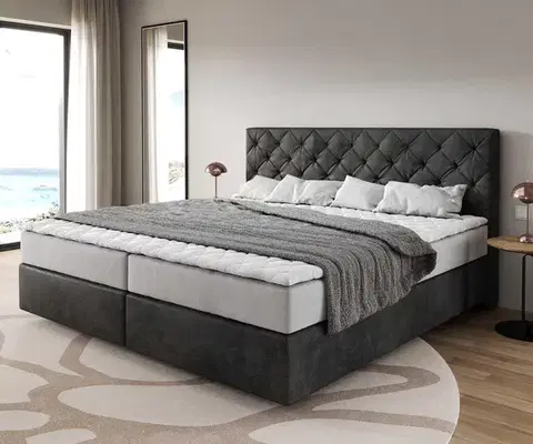 Postele Boxspring DELIFE Boxspring posteľ Dream-Great mikrovlákno antracitová vintage 200×200 cm s vreckovou pružinovou matracou a topperom Visco
