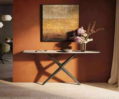 Konzolové stolíky DELIFE Konzolový stolík Edge zaoblený 180×40 cm keramika Laminam® Travertino Bianco krémovo biela Estelo kov titánová farba