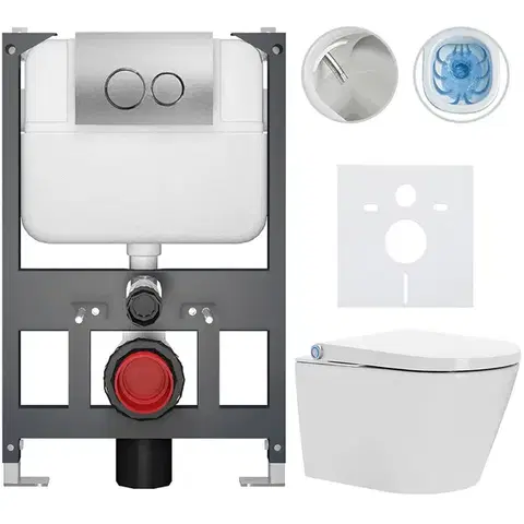 Záchody CERANO - Závesné WC s bidetom Basic/Cronus Standard - biela lesklá - WC tlačidlo Dualo/Strieborná - závesné - nízky modul - predstenová inštalácia - 59,3x38,4 CER-8050BD86434
