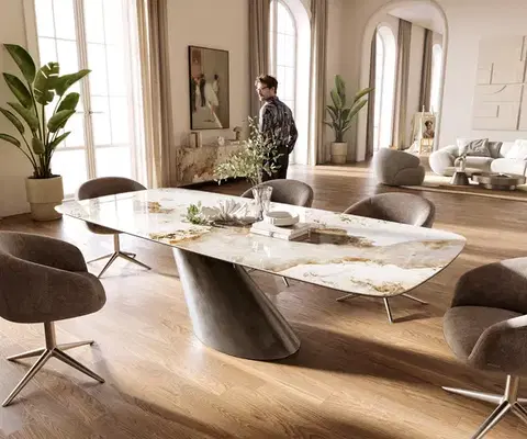 Jedálenské stoly DELIFE Jedálenský stôl Edge zaoblený tvar 260×120 cm keramika Minas Melange bielo-béžová Cono metalická strieborná