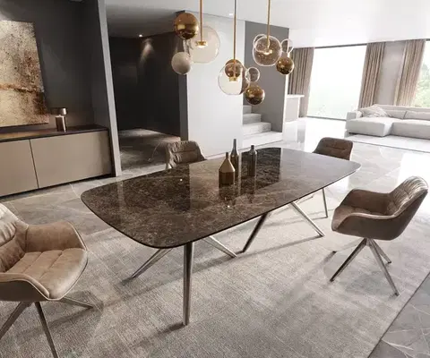 Jedálenské stoly DELIFE Jedálenský stôl Edge Boot 240x120 keramika Laminam® Emperador Extra Lucidato tmavohnedá Estelar okrúhly nerezová oceľ