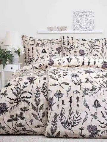 Obliečky MKLozkoviny.sk Predĺžené obliečky mikroplyš Exclusive – Herbár béžové - 140 × 220 cm - 70 x 90 cm