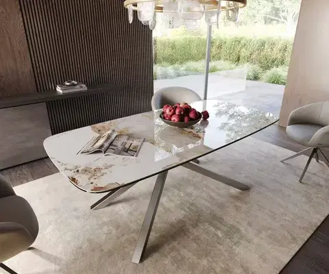 Jedálenské stoly DELIFE Jedálenský stôl Edge oválny 200x100 keramika Minas Melange bielo-béžová krížová podstava obdĺžnik nerezová oceľ