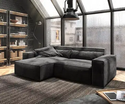 Rohové sedacie súpravy DELIFE Rohová pohovka Sirpio 230x155 cm mikrovlákno čierna variabilné ležadlo s taburetom