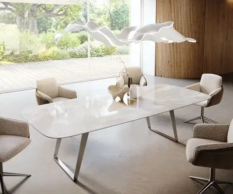 Jedálenské stoly DELIFE Jedálenský stôl Edge zaoblený 270×120 cm keramika Iris FMG Onice Grigio nerezová oceľ skosený