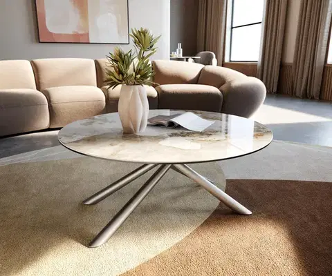 Konferenčné stolíky DELIFE Konferenčný stolík Edge okrúhly 90x90 cm keramika Minas Melange Sarity nerezová oceľ kefovaná