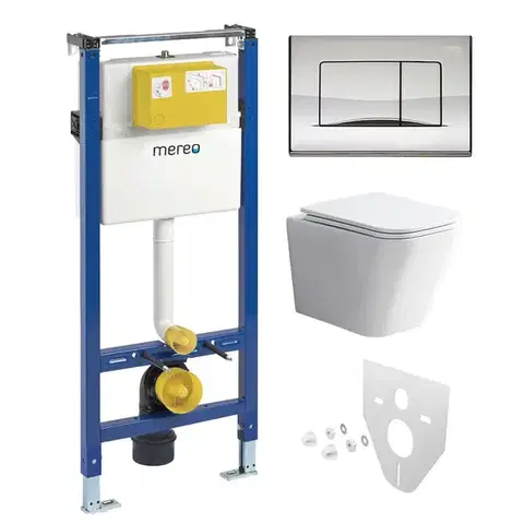 Záchody Mereo WC set - Rimless WC hranaté, modul pre sadrokartón, chróm hranaté tlačidlo lesklé MM02NSETRS322