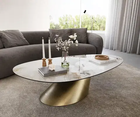 Konferenčné stolíky DELIFE Konferenčný stolík Edge oválny 140x75 cm keramika Minas Melange Conis metalická zlatá