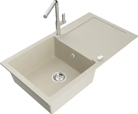 Kuchynské drezy MEXEN/S MEXEN/S - Leo granitový drez 1 s odkvapkávačom vrátane batérie Flora, béžováy 6501-69-670401-00