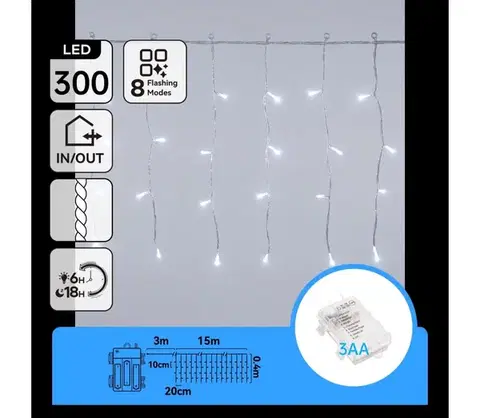 LED osvetlenie  B.V.  -LED Vonkajšia vianočná reťaz 300xLED/8 funkcií 3xAA 18x0,4m IP44 studená biela B10303K3S
