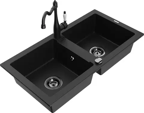 Kuchynské drezy MEXEN/S MEXEN/S - Mario granitový drez 2-bowl vrátane batérie Carla, čierna 6504-77-670700-70-B