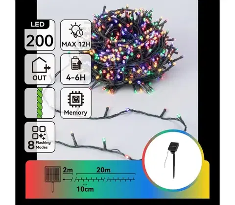 LED osvetlenie  B.V.  - solárna LED vianočná reťaz 200xLED/8 funkcií 22m IP65 viacfarebná 800 mAh B10201ACRZ