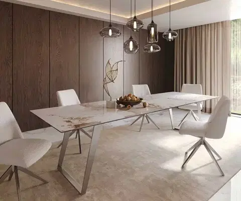 Jedálenské stoly DELIFE Jedálenský stôl Edge 300x100 keramika Minas melange bielo-béžová nerezová oceľ skosený