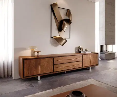 Televízne stolíky DELIFE TV stolík Live-Edge 300 cm akácia hnedá 4 dvierka 2 zásuvky