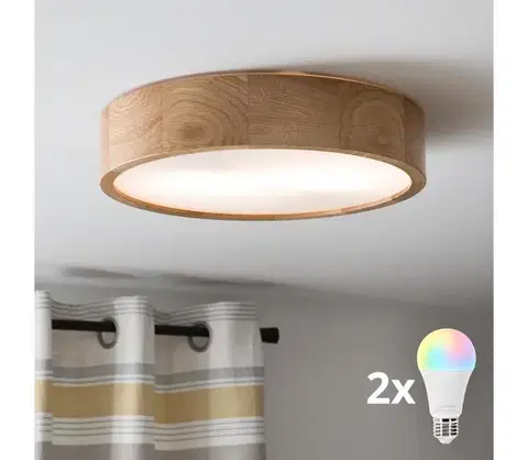 Svietidlá BRILAGI - LED RGBW stmievateľné stropné svietidlo CARVALHO, 2×E27 / 15 W / 230 V, Wi‑Fi, dub, priemer 37,5 cm BG0737+2xAI0819