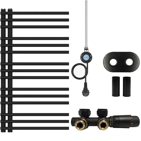 Doplnky do kúpeľne CERANO - Koupelnový radiátorový set Burke - kombinované vytápění, wifi tyč - asymetrické připojení 50 mm - 300W - černá matná - 1000x500 mm CER-428569