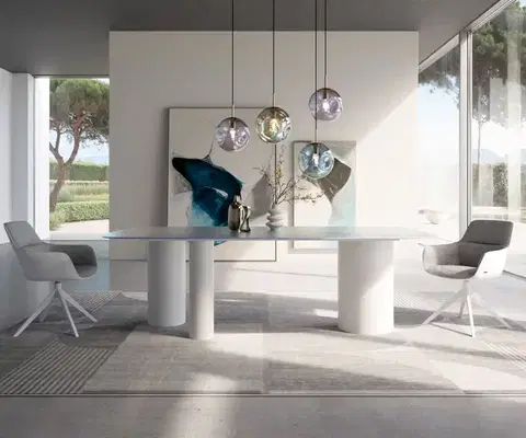 Jedálenské stoly DELIFE Jedálenský stôl Edge oválny 240x120 reliéfne sklo perleť 3D dizajn Troa kov biela