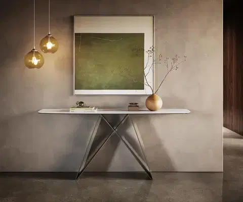 Konzolové stolíky DELIFE Konzolový stolík Edge zaoblený tvar 180×40 cm keramika onyx perla Velio kov titánová farba