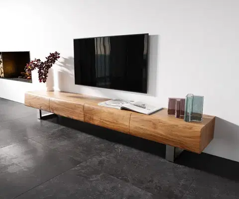 Televízne stolíky DELIFE TV stolík New Live-Edge 240 cm akácia prírodná 4 zásuvky tenká podstava nerezová oceľ kefovaná