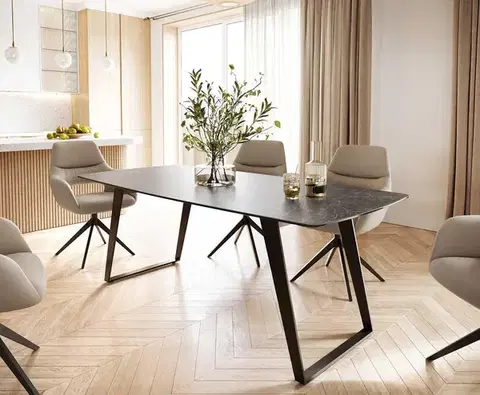 Jedálenské stoly DELIFE Jedálenský stôl Edge oválny tvar 200x100 keramika Laminam® Nero Greco antracitová kov šikmý čierna