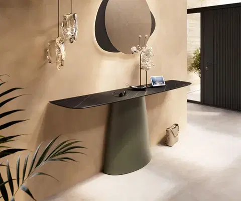 Konzolové stolíky DELIFE Konzolový stolík Edge zaoblený tvar 180×40 cm keramika Laminam® Noir Desir hnedá Conos kov titánová farba