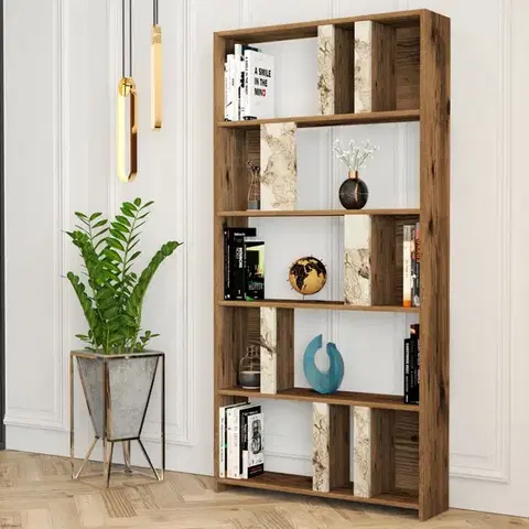 Knižnice Knižnica Lima - Walnut, White Marble