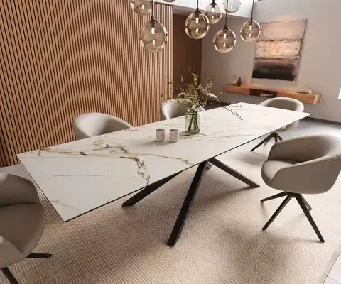 Jedálenské stoly DELIFE Jedálenský stôl Edge 300x100 keramika Calacatta Luxe bielo-zlato-šedá krížová podstava hranatý čierna