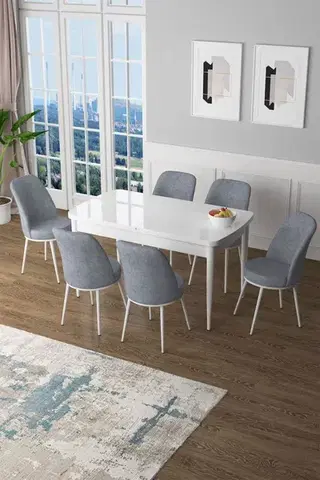 Jedálenské sety Extendable Dining Table & Chairs Set (7 Pieces) Zen - White, Grey