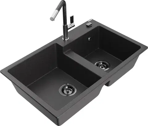 Kuchynské drezy MEXEN/S MEXEN/S - Tomas granitový drez 2-bowl vrátane batérie Flora, čierna kropenatá 6516-76-670401-08-B