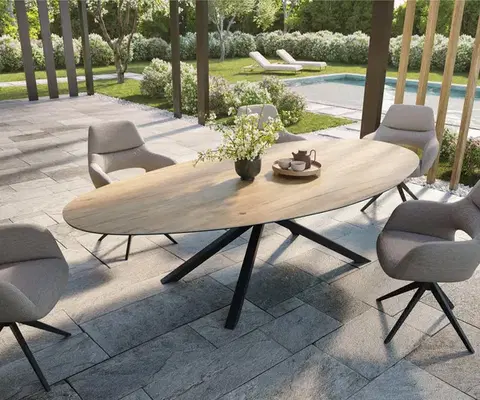 Záhradné stoly DELIFE Záhradný stôl Edge oválny 280x130 cm keramika Laminam® sabbia v dubovej farbe krížová podstava hranatá čierna