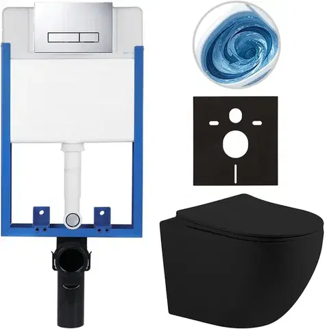Záchody CERANO - Kompletný podomietkový WC set Lite/Cesso - čierna matná - WC tlačidlo Slim, chróm - na zamurovanie - 49x36 CER-8050BD112