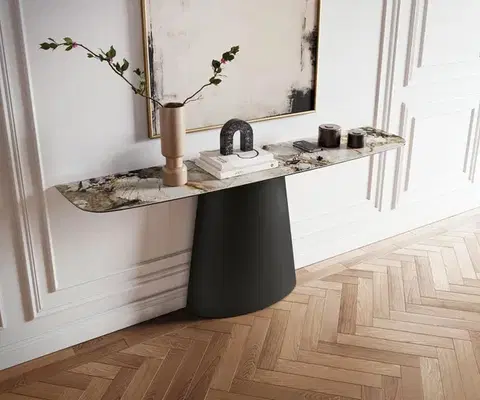 Konzolové stolíky DELIFE Konzolový stolík Edge zaoblený 180×40 cm keramika Patagonia leštený Conos kov čierna