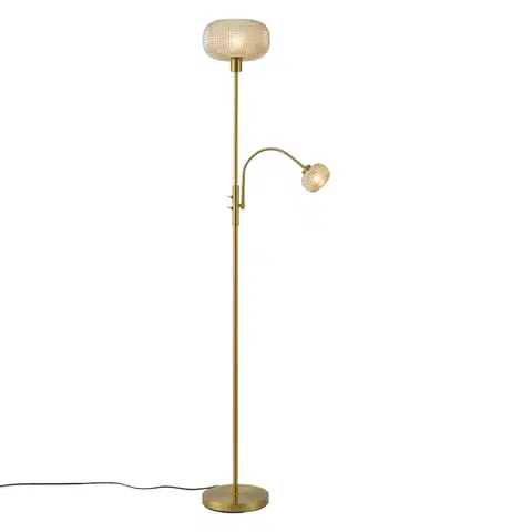 Stojace lampy Dizajnová stojaca lampa mosadzná s jantárovým sklom 2-svetelná - Brianna