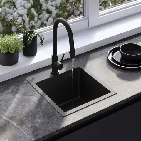Kuchynské drezy REA REA - Oceľový drez Leo 40 Black s kuchynskou batériou KPL-96002