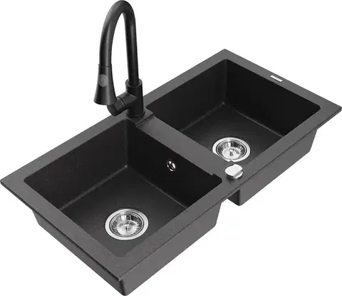 Kuchynské drezy MEXEN/S MEXEN/S - Mario granitový drez 2-bowl vrátane batérie Elia, čierna kropenatá 6504-76-670101-70