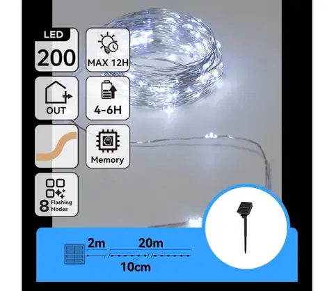 LED osvetlenie  B.V.  - LED solárny reťazec 200xLED/8 funkcií 22m IP65 studená biela 800 mAh B10201ACSJ