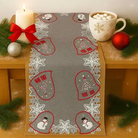 Obrusy Vianočný vyšívaný obrus vianočný Zvončeky sivé 40x110 cm TiaHome