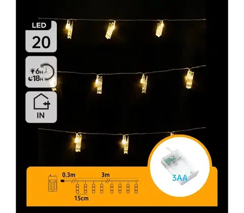 Svietidlá  B.V.  - LED dekoratívna reťaz s kolíčkami 20xLED/3xAA 3,3m teplá biela B10303Q78