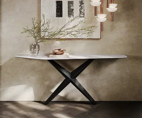 Konzolové stolíky DELIFE Konzolový stolík Edge polygonálny 180×50 cm keramika Laminam® Statuarietto biela Zentharo kov čierna