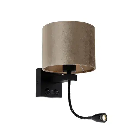 Lampy Nástenná lampa čierna s hnedým zamatovým tienidlom 18 cm - Brescia Combi
