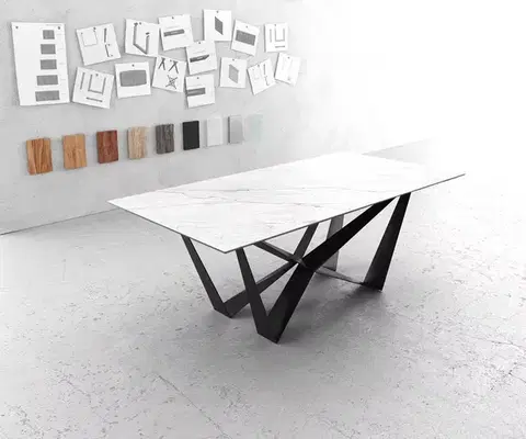 Jedálenské stoly DELIFE Jedálenský stôl Edge 200x100 cm keramika Laminam® Statuarietto biela stredová podstava plochá oceľ čierna