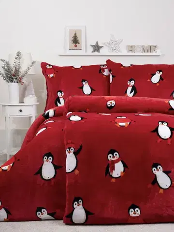 Obliečky MKLozkoviny.sk Predĺžené obliečky mikroplyš Exclusive – Tučniaci červené - 140 × 220 cm - 70 x 90 cm