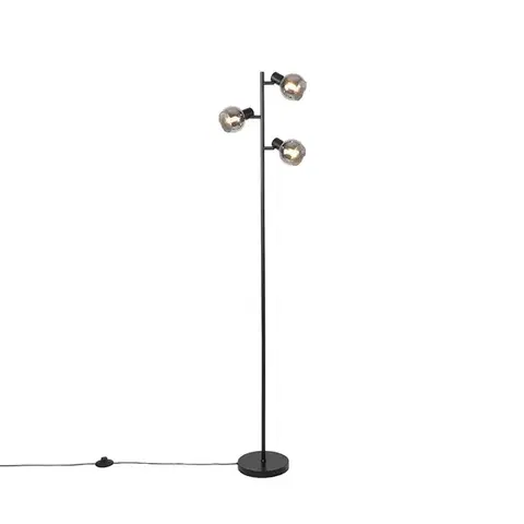 Stojace lampy Art Deco stojaca lampa čierna 3-svetlo s dymovým sklom - Vidro