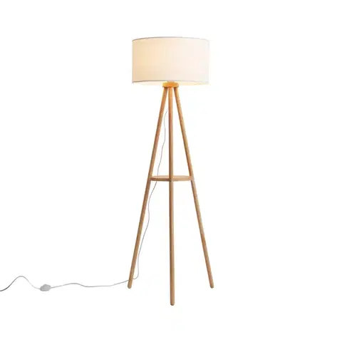 Stojace lampy Škandinávska stojaca lampa drevená s látkovým tienidlom biela - Lou