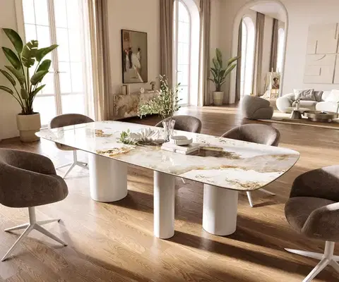 Jedálenské stoly DELIFE Jedálenský stôl Edge zaoblený tvar 260×120 cm keramika Minas Melange bielo-béžová Troa kov biela