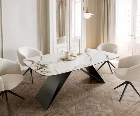 Jedálenské stoly DELIFE Jedálenský stôl Edge oválny 200x100 keramika Calacatta Luxe bielo-zlato-šedá podstava v tvare V plochá oceľ čierna