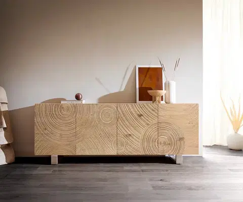 Komody DELIFE Komoda Ashara 200 cm dub prírodná 3D efekt 4 dvierka podstava nerezová oceľ kefovaná
