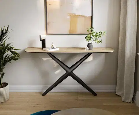 Konzolové stolíky DELIFE Konzolový stolík Edge zaoblený 140×40 cm keramika Laminam® sabbia dubová farba Estelo kov čierna