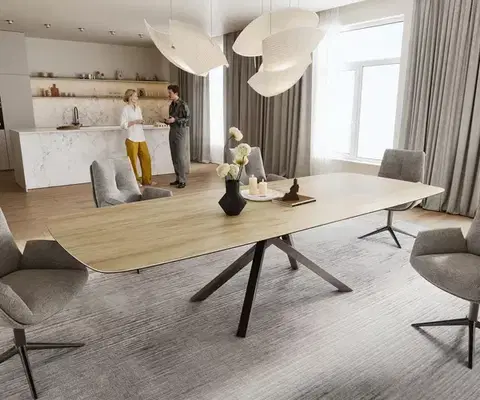 Jedálenské stoly DELIFE Jedálenský stôl Edge zaoblený tvar 240-300×120 cm keramika Laminam® sabbia v dubovej farbe krížová podstava pravouhlý nerezová oceľ grafit rozkladací